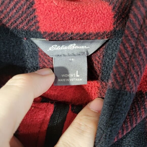 Eddie Bauer Womens Flannel jacket Large Red Black Plaid 1/4 Zip Up Pullover - Picture 3 of 8